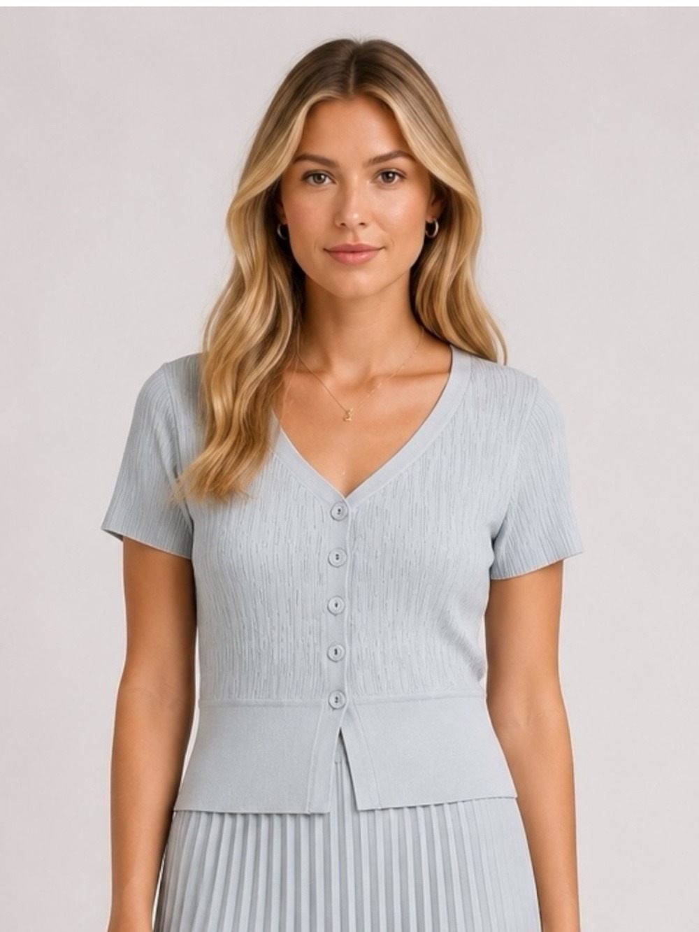 SIMON MILLER Light Blue Short Sleeve Button Front Senoia Cardigan Deep V Neck 0